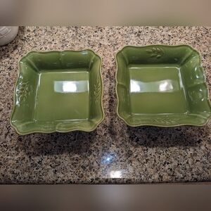 Crate&Barrel Arenito stoneware casserole baking dishes moss green made Portugal